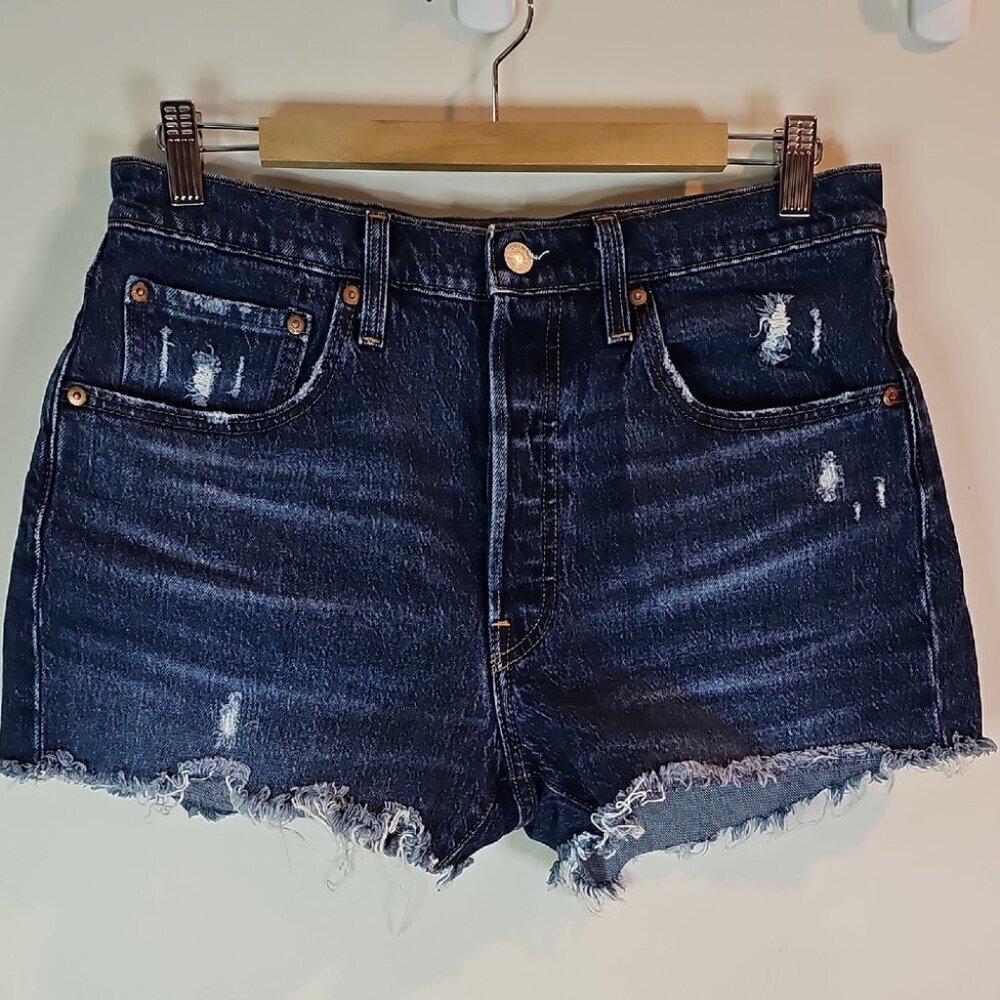 Levi's 501 Blue Distressed Denim Button Fly 32" Waist Jean Shorts